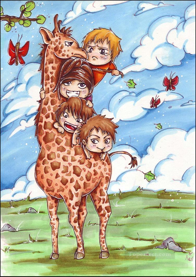 Kinder Giraffe Reiten Ölgemälde
